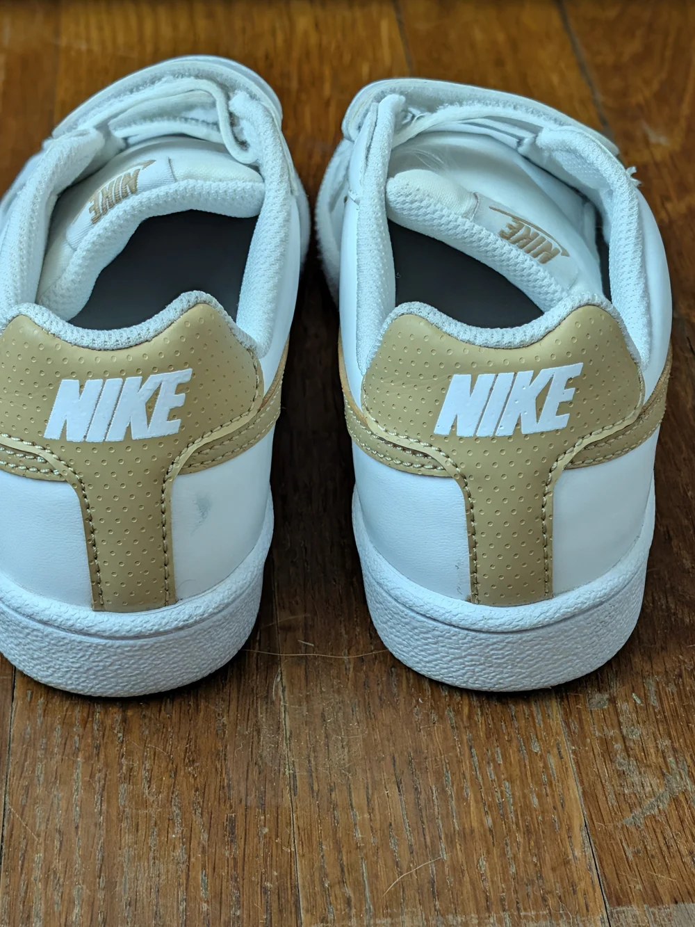 Nike Kids White Sneakers with Gold Swoosh Velcro